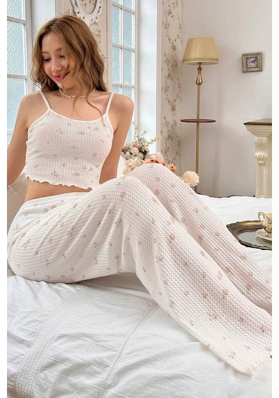 Merry See Baskılı Askılı Pijama Takımı Pembe Çiçekli Pembe