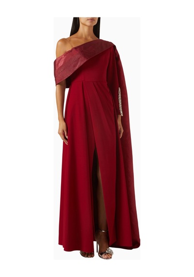 Ac By Aanchal Chanda Asymmetric Cape Gown Asimetrik Pelerinli Organze Kadın Elbise Kırmızı