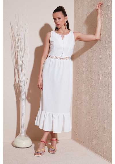 Lela Regular Fit Volanlı Kolsuz Midi Bayan Elbise 611El574 Ekru