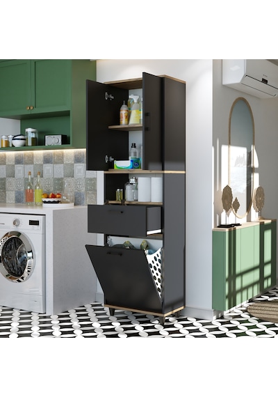 Çamaşır Sepetli Banyo Dolabı, Çok Amaçlı Dolap 60 X 200 Antrasit- Atlantik Çam Çamaşır Sepetli Banyo Dolabı, Çok Amaçlı Dolap 60 X 200 Antrasit- Atlantik Çam
