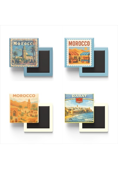 9x9 Cm Buzdolap Magnetleri - Fas - Morocco - 4'lü Set Retrotik - 9x9 Cm
