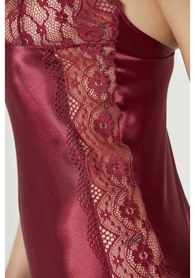 Pierre Cardin Bordo Saten Dantelli Gecelik Sabahlık Takım 4438 Bordo