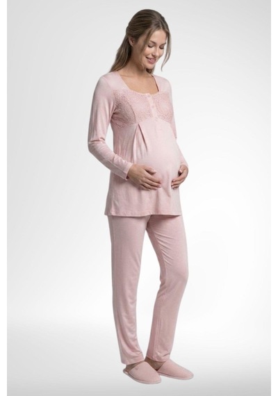 Mecit Pijama Mecit 6402 Kadın Pudra Dantel Pelerin Hamile Lohusa Pijama Takımı