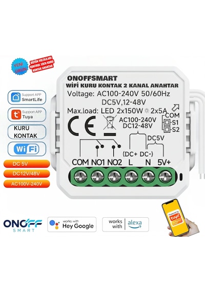 Onoff Akıllı İki Kanal Kuru Kontak Anahtar Röle Tüm Voltajları Destekler Tuya Wifi