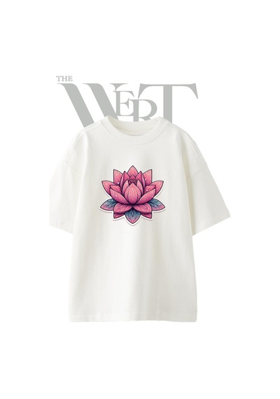 Thewert Glitter Lotus Tasarım Baskılı Ünisex Beyaz Oversize T-shirt