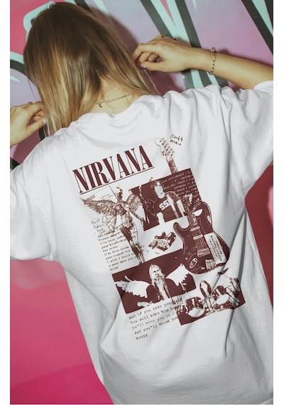 Sevbano Nirvana Rock Metal Müzik Grubu Baskılı Unisex Oversize Premium Ti Beyaz