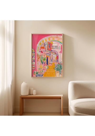 Renkli Çarşı Posteri Fas Pazarı Duvar Sanatı Baskısı Canlı İç Mekan Sahnesi Boho Seyahat Sanat Eseri Akdeniz Dekorasyonu