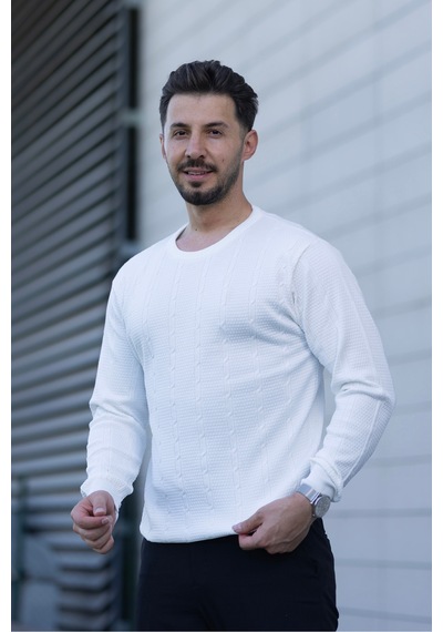 Hk Premium Bisiklet Yaka Örgü Desenli Slim Fit Triko Kazak Beyaz