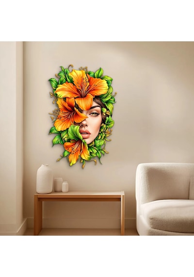 Turuncu Zambaklı Kadın Portresi - Metal Tablo - Dec0276 53 X 80 Cm Çok Renkli