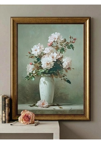 Varaklı Gold Çerçeveli Yağlı Boya Dokulu Salon Tablosu 60x80 Cm - Vazoda Beyaz Güller Klasik Vintage Natürmort Sanat Eseri Dekoratif Tablo 50x70 Cm - Çerçeveli 60x80 Cm Varaklı Gold Çerçeveli Yağlı Boya Dokulu Salon Tablosu 60x80 Cm - Vazoda Beyaz Güller Klasik Vintage Natürmort Sanat Eseri Dekoratif Tablo 50x70 Cm - Çerçeveli 60x80 Cm