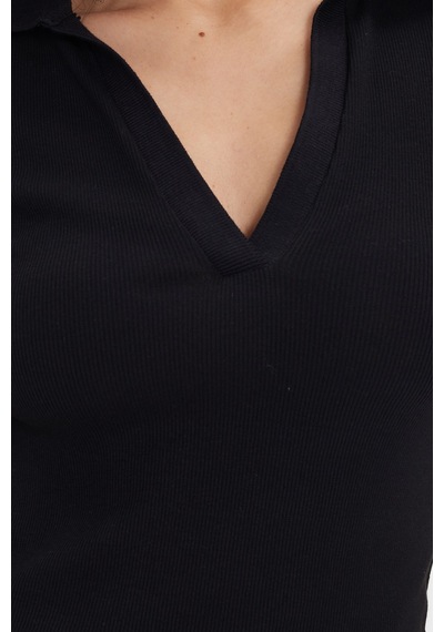 Tudors Kadın Slim Fit Dar Kesim Pamuklu Kısa Kollu Siyah Polo Yaka Tişört-50673