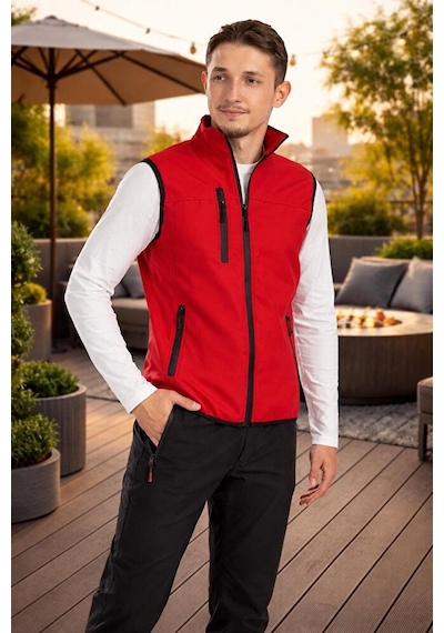 Vatan Tekstil Dik Yaka Slim Fit 3 Cepli Softshell Erkek Yelek Su İtici Kumaş Kırmızı