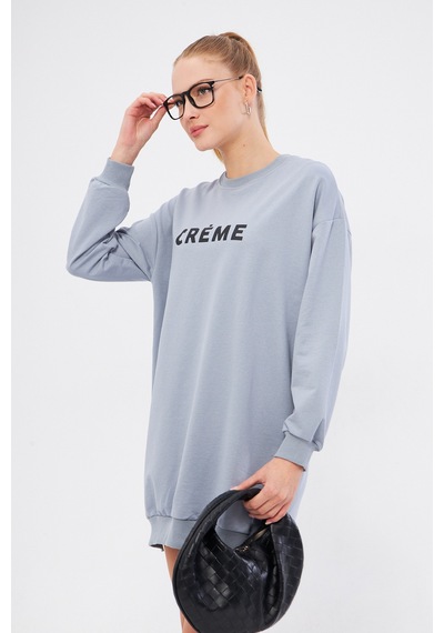 Armonika Kadın Gri Bisiklet Yaka Önü Yazılı Tunik Sweatshirt Arm-25k001029