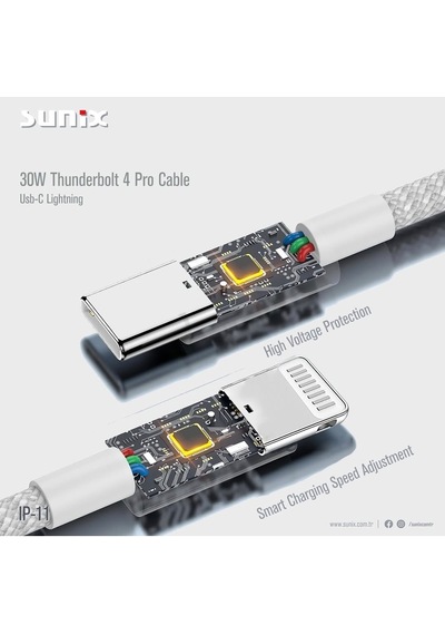 Sunix 1-metre 30w Type-c To Apple Uyumlu iPhone Lightning Ce/fc/rohs Lisanslı Şarj Ve Data Kablosu Örgülü Sağlam
