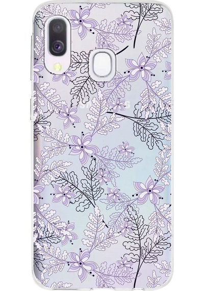 Samsung Galaxy A40 Uyumlu Kapak Floral Lila Tasarımlı Şeffaf Silikon Kılıf
