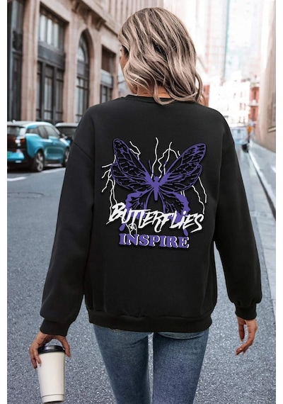 Unisex Butterfly & Letter Graphic Baskılı Bisiklet Yaka Sweatshirt Siyah