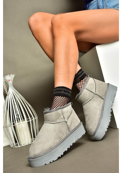 Fox Shoes R612033402 Süet İçi Tüylü Kalın Tabanlı Yarım Kadın Bot Gri