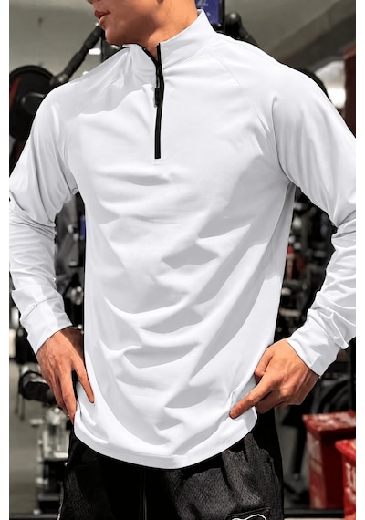 Genius Store Erkek Yarım Fermuarlı Compression Uzun Kol Spor Tişört Ve Fitness Tişörtü Dalgıç-uzun Beyaz