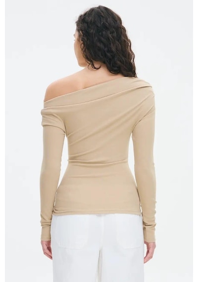 Madmext Bej Kadın Off Shoulder Uzun Kollu Bluz Mg2567 Bej