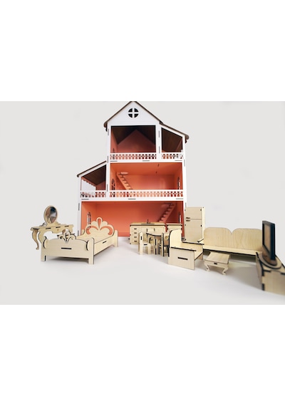 Wood Kids Toys Mobilyalı Ahşap Bebek-Çocuk Oyun Evi Seti