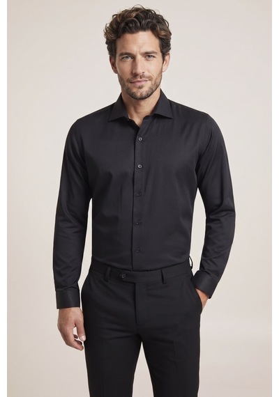 Slim Fit İtalyan Yaka Pamuklu Kolay Ütülenebilir Siyah Gömlek Gk 761