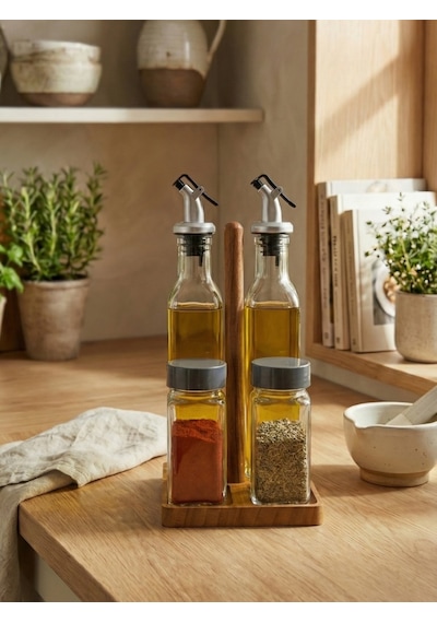 Leelahome 4'lü Set Ahşap Standlı Yağlık Ve Tuzluk Şeffaf