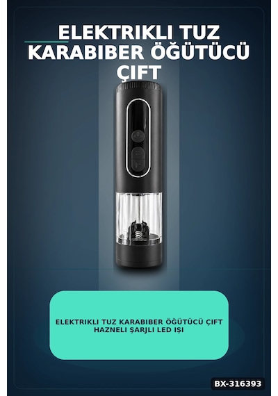 Elektrikli Tuz Karabiber Öğütücü Çift Hazneli Şarjlı Led Işıklı Mutfak Baharat Değirmeni Bx-316393 Çok Renkli