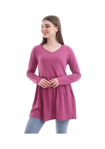 Self Clothing Kadın Pembe Rahat Kalıp V Yaka Bluz-Pembe