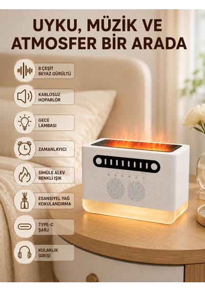 Hoparlörlü Simüle Alev Işıklı Çok Fonksiyonlu Gece Lambası Beyaz