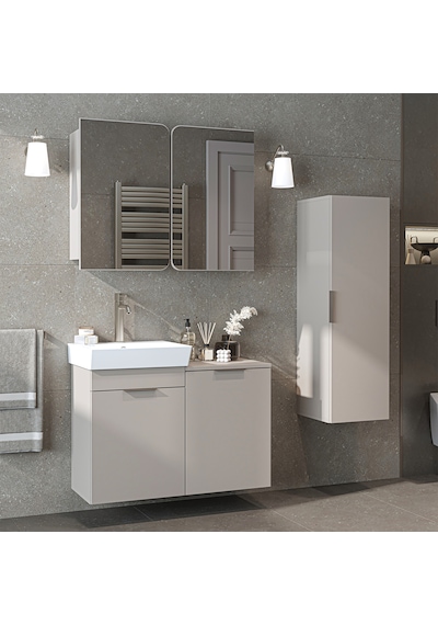 Dubai Mdflam Sepetli Banyo Dolabı Seti, Lavabolu Alt Dolap + Aynalı Banyo Üst Dolabı + Boy Dolabı Kumtaşı Dubai Mdflam Sepetli Banyo Dolabı Seti, Lavabolu Alt Dolap + Aynalı Banyo Üst Dolabı + Boy Dolabı Kumtaşı