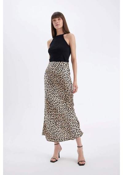 Defacto Straight Fit Normal Bel Leopar Desenli Saten Maxi Etek D6886axnser103 Ekru