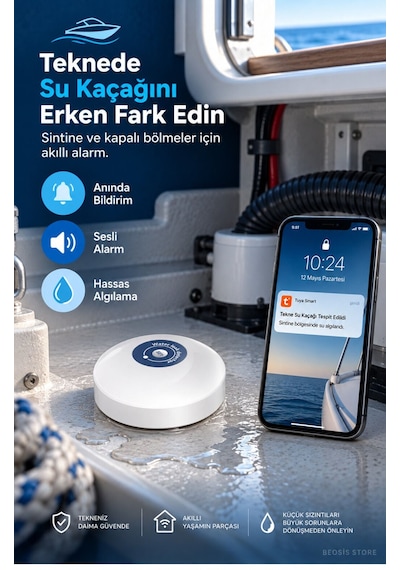 Wifi Su Baskını Ve Kaçak Sensörü Fonri, Tuya, Smart Life, Google Assistant, Amazon Alexa Destekli
