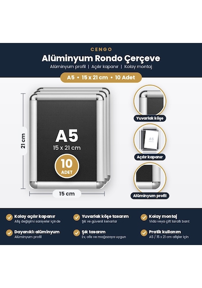 10 Adet A5 Alüminyum 15x21 Rondo Çerçeve 15 x 21 CM