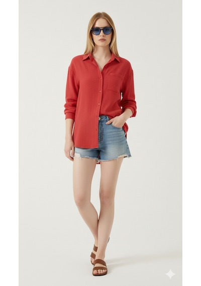Thiff Gymwear Kadın Oversize Basic Cepli Müslin Gömlek Kırmızı