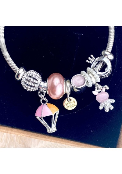 Charm Bileklik Tavşan Uçan Balon Figürlü Çelik Bileklik Gümüş Pembe Gümüş