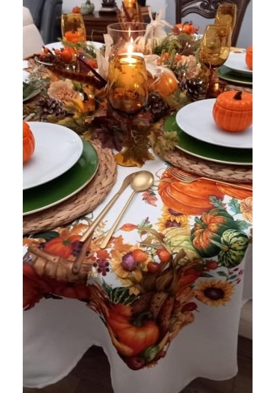 Polyester Dikdörtgen Masa Örtüsü - Bal Kabağı Desenli 140x240cm, 6-8 Kişilik Genel