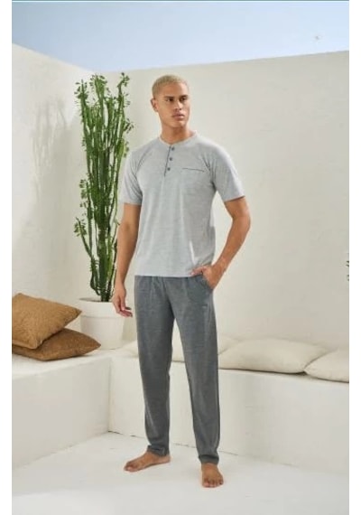 Moda Dua Kocabey 2090 Erkek Midi Yaka Pijama Takım Gri Melanj