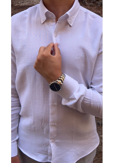 Slim Fit Uzun Kol Müslin Pamuk Rahat Nefes Alabilen Kumaştan Yaka Düğmeli Hediye Kutulu Erkek Gömlek Fs-004202 - Beyaz-2869