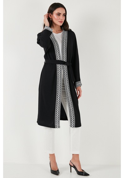 Lela Modest Regular Fit Bağlamalı Nakışlı Tesettür Uzun Kimono Bayan Hırka 5866173 Siyah