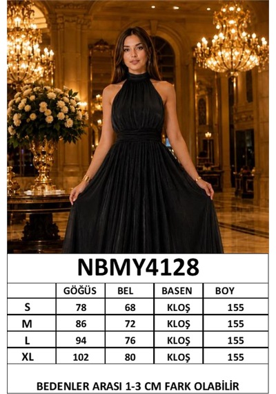 Neşeli Butik Kadın Siyah Halter Yaka Janjan Kumaş Premium Abiye Elbise Nbmy4128