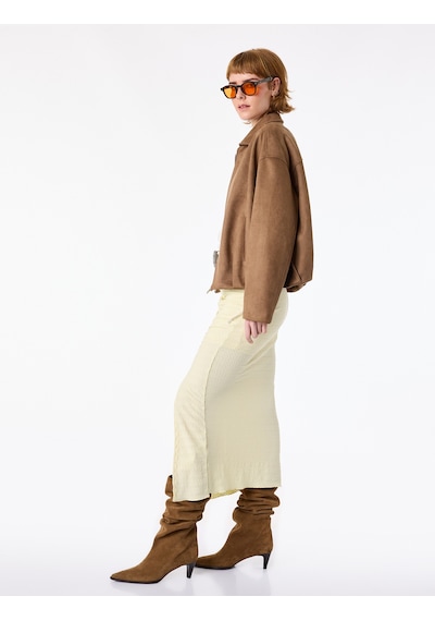 Koton Slim Fit Bürümcük Kumaş Drape Detaylı Midi Boy Kalem Etek Sarı 6sal70015ık