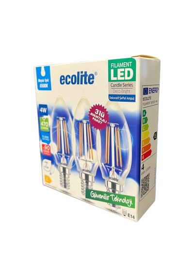 Ecolite 4w Led Filament Mum Ampul, E14 Duy, 6500k Beyaz Işık, 470 Lümen, Şeffaf Cam, Akkor Görünümlü Dekoratif L Diğer