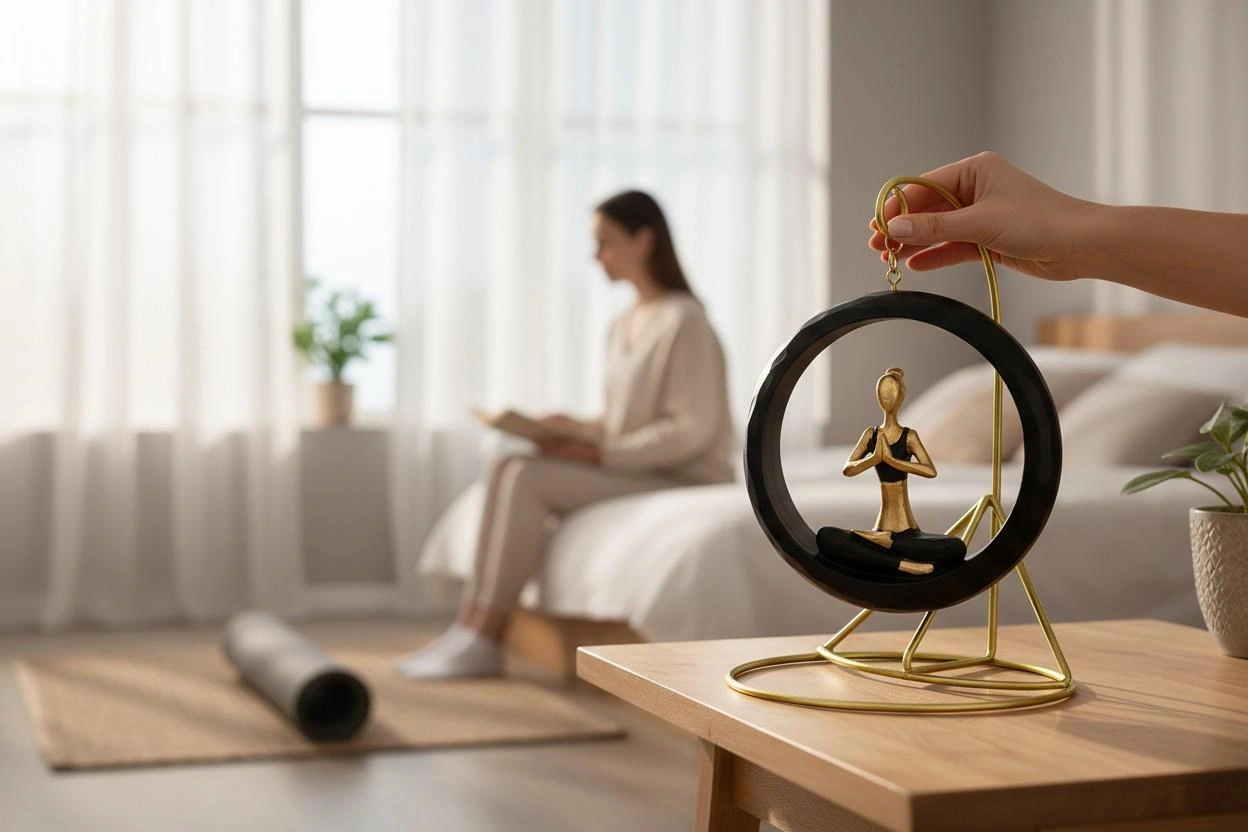 Modern Stil Askılı Sallanan Yoga Yapan Kadın Heykeli 18 Cm Dekoratif Meditasyon Biblo Ev Ofis Süsü B