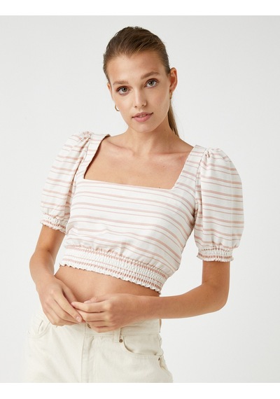 Koton Crop Bluz Beli Lastikli Turuncu Çizgili 2sak60288cw 2SAK60288CW2S0