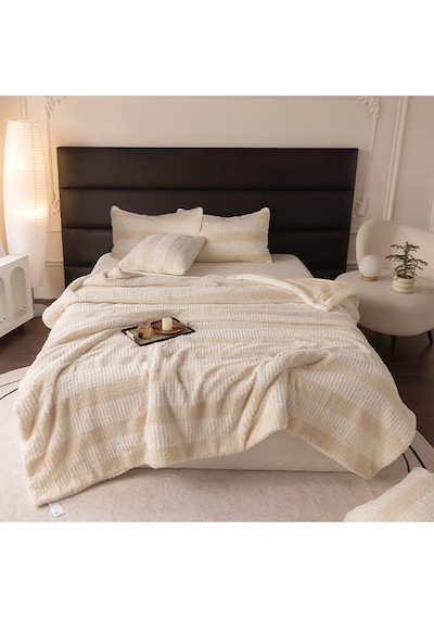 Evlen Home Çift Taraflı Kişilik Kürk Yorgan Dolgulu Peluş Yumuşak Wellsoft Yatak Örtüsü 3 Parça Set Aura Krem