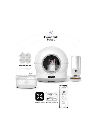 Xenon Smart Akıllı Otomatik Kameralı Kedi Tuvaleti Paslanmaz Çelik Kaseli 5lt Mama Kabı Led Işıklı Su Pınarı Ve Filtre 4'lü Pet Seti