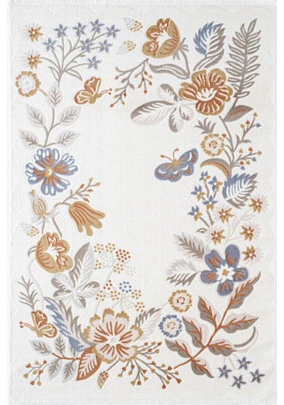 Cotto Cool Cl006r Krem Çiçek Desenli Modern Halı Şık Akrilik Kaymaz Taban Kolay Temizlenebilir