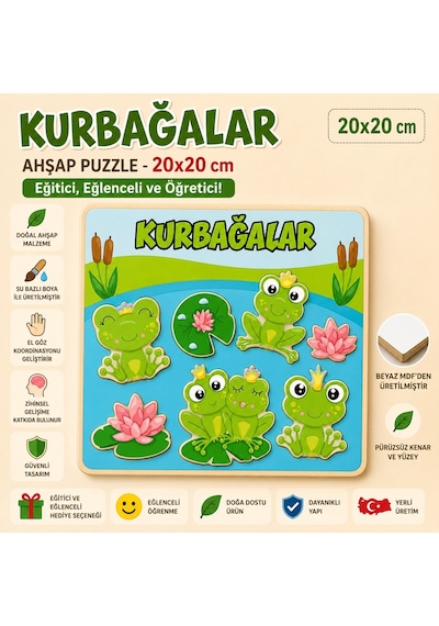 Kurbağalar Ahşap Puzzle - Eğitici Ve Öğretici Okul Öncesi Zeka Oyunu 20x20 Cm