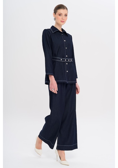 Olcay Kemeri Çıt Çıt Detaylı Ceket Pantolon Denim Takım Lacivert 9344-tk