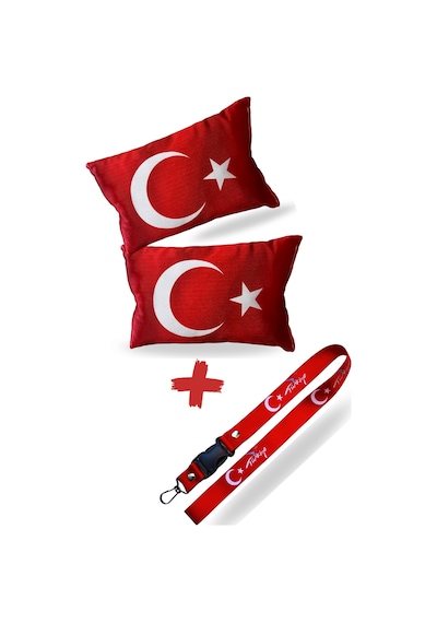 Türk Bayraklı Dijital Baskılı Araç Seyahat Boyun Yastığı 2’li Set & Türk Bayraklı Oto Ayna Askısı